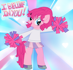 Size: 2096x2016 | Tagged: safe, artist:ribbsbooba, pinkie pie, earth pony, pony, g4, bipedal, cheerleader pinkie, clothes, female, hoof shoes, mare, open mouth, open smile, pom pom, shirt, signature, skirt, smiling, solo, tail