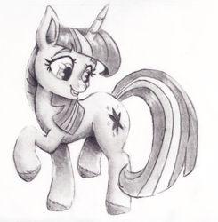 Size: 1000x1019 | Tagged: safe, artist:nedemai, twilight sparkle, pony, unicorn, g4, cute, female, grayscale, grin, mare, monochrome, pencil drawing, simple background, smiling, solo, standing on two hooves, traditional art, turned head, twiabetes, unicorn twilight, white background