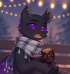 Size: 1600x1700 | Tagged: safe, artist:floweryoutoday, oc, oc only, oc:pookie, changedling, changeling, pony, clothes, coffee cup, cup, purple changeling, scarf, solo