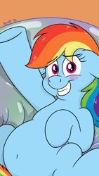 Size: 2160x3840 | Tagged: safe, artist:rupert, rainbow dash, pegasus, pony, g4, belly, belly button, blushing, bubble, cute, dashabetes, fat, featureless crotch, female, human shoulders, lying down, mare, on back, rainbow dash day, round belly, smiling, solo, spread legs, spreading, squishy