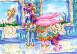 Size: 3298x2322 | Tagged: safe, artist:lubronyr, princess cadance, oc, alicorn, breezie, pony, g4, alternate hairstyle, breezie oc, clothes, crown, dress, duo, female, high res, jewelry, mare, regalia, solo focus, traditional art