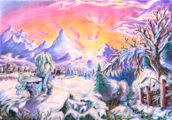 Size: 4616x3209 | Tagged: safe, artist:lubronyr, oc, oc:snowdrop, pegasus, pony, clothes, female, high res, mare, older, older snowdrop, outdoors, scarf, scenery, snow, sunset, traditional art, winter, winter outfit