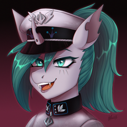 Size: 1500x1500 | Tagged: safe, artist:serodart, oc, oc only, oc:silri whiteriver, changeling, equestria at war mod, bust, changeling oc, clothes, commission, fangs, gradient background, hat, horn, military uniform, open mouth, ponytail, portrait, solo, uniform