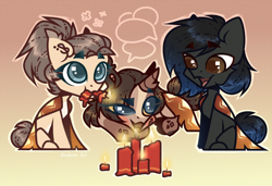 Size: 2560x1755 | Tagged: safe, artist:kreteen art, oc, oc only, oc:dima, oc:shadowguy, hybrid, original species, pegasus, pony, candle, clothes, coat, eating, gradient background, sky children of the light