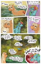 Size: 2003x3101 | Tagged: safe, artist:seventozen, applejack, rainbow dash, earth pony, pegasus, pony, comic:the problem of parthus, g4, comic, mud, muddy, multicolored hair, speech bubble, stink lines, sweat, swimming, water