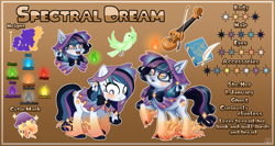 Size: 4700x2500 | Tagged: safe, artist:sunamoonmlp, derpibooru exclusive, oc, oc only, earth pony, ghost, ghost pony, jellyfish, pony, undead, g4, accessory, book, cheek fluff, chest fluff, commission, cute, ear fluff, female, hat, looking at you, mare, musical instrument, quill, reference sheet, smiling, smiling at you, unshorn fetlocks, violin, wisp