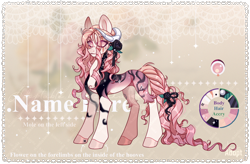 Size: 1824x1198 | Tagged: safe, artist:kanika-png, oc, oc only, pony, adoptable, beauty mark, braid, braided tail, eye clipping through hair, female, flower, flower in hair, flower in tail, horns, mare, solo, tail