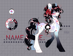 Size: 2584x2008 | Tagged: safe, artist:kanika-png, oc, oc only, earth pony, pony, adoptable, cracks, female, flower, flower in hair, mare, reference sheet, solo