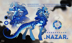 Size: 3030x1817 | Tagged: safe, artist:kanika-png, oc, oc only, oc:nazar, pony, unicorn, adoptable, blood, crying, curved horn, ear piercing, earring, horn, jewelry, multiple eyes, nosebleed, piercing, solo