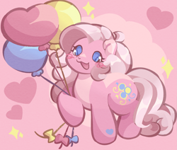 Size: 2359x2000 | Tagged: safe, artist:lumiville, pinkie pie (g3), earth pony, pony, g3, balloon, blush scribble, blushing, female, heart, heart balloon, heart eyes, heart mark, mare, open mouth, open smile, raised hoof, smiling, solo, sparkles, tail, wingding eyes