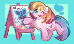 Size: 2561x1549 | Tagged: safe, artist:lumiville, toola-roola, butterfly, earth pony, pony, g3, :3, blush scribble, blushing, easel, female, heart, heart eyes, hoof hold, one eye closed, paint, paintbrush, painting, raised hoof, raised leg, solo, standing on two hooves, tail, tongue out, toola-roola will be painting away, wingding eyes