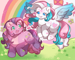 Size: 2500x2000 | Tagged: safe, artist:lumiville, skywishes, star catcher, butterfly, earth pony, pegasus, pony, g3, blush scribble, blushing, duo, duo female, emanata, female, floating heart, flying, heart, heart eyes, heart mark, kite, lesbian, looking at each other, looking at someone, looking down, looking up, mare, rainbow, ship:skycatcher, shipping, tail, wingding eyes