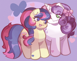 Size: 2500x2000 | Tagged: safe, artist:lumiville, scootaloo (g3), sweetie belle (g3), earth pony, pony, unicorn, g3, blush scribble, blushing, bow, duo, duo female, female, hair bow, heart, heart eyes, heart mark, horn, looking at each other, looking at someone, open mouth, open smile, smiling, tail, wingding eyes