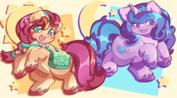 Size: 2992x1656 | Tagged: safe, artist:lumiville, izzy moonbow, sunny starscout, earth pony, pony, unicorn, g5, bag, blush scribble, blushing, chubby, crescent moon, duo, duo female, female, heart, heart eyes, horn, mane stripe sunny, mare, moon, open mouth, open smile, rearing, saddle bag, smiling, stars, sun, tail, tongue out, unshorn fetlocks, wingding eyes