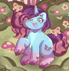 Size: 2429x2500 | Tagged: safe, artist:lumiville, misty brightdawn, butterfly, pony, unicorn, g5, blush scribble, blushing, bush, chubby, countershading, female, flower, freckles, heart, heart eyes, heart mark, horn, looking at something, looking up, mare, mushroom, open mouth, open smile, outdoors, raised hoof, rebirth misty, sitting, smiling, solo, tail, tree, unshorn fetlocks, wingding eyes