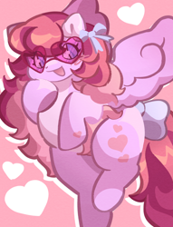 Size: 2000x2612 | Tagged: safe, artist:lumiville, heart throb, pegasus, pony, g1, blush scribble, blushing, bow, female, flying, glasses, heart, heart mark, heart shaped glasses, mare, open mouth, open smile, smiling, solo, tail, tail bow