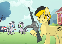 Size: 3480x2510 | Tagged: safe, oc, oc:leslie fair, pony, zebra, female, filly, foal, gun, insanity, weapon