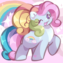 Size: 2000x2000 | Tagged: safe, artist:lumiville, rainbow dash (g3), earth pony, pony, g3, g3.5, blush scribble, blushing, female, heart, heart eyes, heart mark, looking at you, one eye closed, open mouth, open smile, rainbow, raised hoof, smiling, smiling at you, solo, sparkles, tail, wingding eyes, wink, winking at you