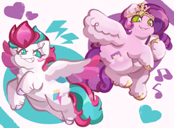 Size: 2701x2000 | Tagged: safe, artist:lumiville, pipp petals, zipp storm, pegasus, pony, g5, blush scribble, blushing, cellphone, chest fluff, chubby, diadem, duo, duo female, female, flying, grin, heart, heart eyes, jewelry, lightning, mare, music notes, phone, pipp's phone, regalia, royal sisters (g5), siblings, sisters, smartphone, smiling, spread wings, starry eyes, unshorn fetlocks, wingding eyes, wings