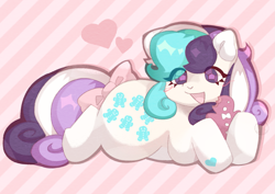 Size: 2175x1537 | Tagged: safe, artist:lumiville, gingerbread, earth pony, pony, twinkle eyed pony, g1, blush scribble, blushing, bow, female, floating heart, food, gingerbread man, heart, looking at you, lying down, mare, open mouth, open smile, prone, smiling, solo, tail, tail bow