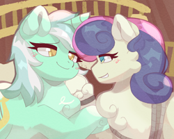 Size: 2500x2000 | Tagged: safe, artist:lumiville, bon bon, lyra heartstrings, sweetie drops, earth pony, pony, unicorn, g4, my little pony: friendship is magic, slice of life (episode), blush scribble, blushing, chest fluff, female, grin, heart, heart eyes, hoof heart, horn, indoors, lesbian, looking at each other, looking at someone, mare, rope, scene interpretation, ship:lyrabon, shipping, smiling, underhoof, unshorn fetlocks, wingding eyes