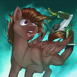 Size: 1079x1080 | Tagged: safe, artist:theglitchberserk, oc, oc only, pegasus, pony, abstract background, alcohol, cigarette, drink, male, serving tray, smoking, solo, spill, stallion