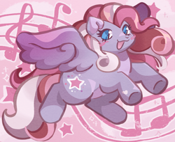 Size: 2347x1919 | Tagged: safe, artist:lumiville, starsong, pegasus, pony, g3, blush scribble, blushing, female, heart, heart mark, mare, music notes, open mouth, open smile, smiling, solo, spread wings, starry eyes, stars, tail, wingding eyes, wings