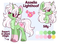 Size: 749x562 | Tagged: safe, artist:cinnamontee, oc, oc:azaelia lighthoof, pony, unicorn, female, horn, mare, reference sheet, solo, tongue out