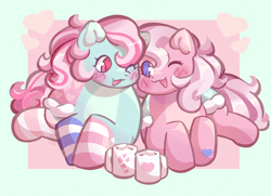 Size: 2770x2000 | Tagged: safe, artist:lumiville, minty, pinkie pie (g3), earth pony, pony, g3, blushing, chocolate, clothes, duo, duo female, female, food, heart, heart eyes, hot chocolate, lesbian, looking at each other, looking at someone, lying down, mare, marshmallow, mismatched socks, mug, one eye closed, open mouth, open smile, prone, ship:mintypie, shipping, smiling, socks, striped socks, tail, wingding eyes