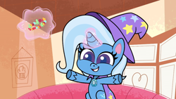 Size: 846x477 | Tagged: safe, screencap, trixie, pony, unicorn, friendship gems, g4, g4.5, my little pony: pony life, bracelet, brooch, cape, clothes, female, friendship bracelet, hat, horn, indoors, jewelry, mare, trixie's brooch, trixie's cape, trixie's hat