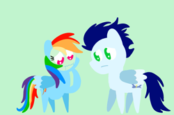 Size: 1935x1285 | Tagged: safe, anonymous artist, derpibooru exclusive, rainbow dash, soarin', pegasus, pony, series:soarindash pregnancy, series:soarindash romantic tales, g4, duo, duo male and female, female, green background, green face, male, mare, morning sickness, pointy ponies, preggo dash, pregnant, ship:soarindash, shipping, simple background, stallion, straight, wings