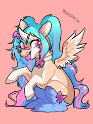 Size: 810x1080 | Tagged: safe, artist:theglitchberserk, oc, oc only, alicorn, pony, alicorn oc, band-aid, band-aid on nose, bow, choker, clothes, curved horn, female, hair bow, hairclip, horn, mare, simple background, sitting, socks, solo, spread wings, tongue out, wings