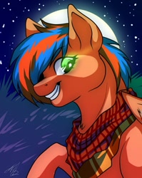 Size: 861x1080 | Tagged: safe, artist:theglitchberserk, oc, oc only, pegasus, pony, bust, clothes, full moon, moon, outdoors, scarf, smiling, solo, wings