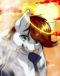 Size: 856x1080 | Tagged: safe, artist:theglitchberserk, oc, oc only, pegasus, pony, cigarette, clothes, eye clipping through hair, eyebrows, eyebrows visible through hair, halo, jacket, male, smoking, stallion, sun, wings