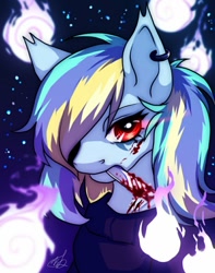 Size: 853x1080 | Tagged: safe, artist:theglitchberserk, oc, oc only, pony, blood, bust, clothes, ear piercing, ear tufts, earring, hair over one eye, jewelry, knife, looking at you, mouth hold, piercing, solo, sweater