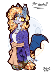 Size: 992x1403 | Tagged: safe, artist:chiefywiffy, oc, oc only, oc:snooze news, bat pony, anthro, bat wings, clothes, dress, female, kebaya, mare, simple background, solo, white background, wings