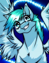 Size: 1280x1625 | Tagged: safe, artist:theglitchberserk, oc, oc only, pegasus, pony, abstract background, eye clipping through hair, eyebrows, eyebrows visible through hair, smiling, solo, spread wings, wings