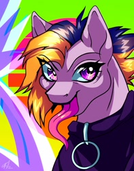 Size: 1280x1625 | Tagged: safe, artist:theglitchberserk, oc, oc only, pony, bust, clothes, collar, eye clipping through hair, eyebrows, eyebrows visible through hair, female, long tongue, mare, solo, tongue out, vaporwave