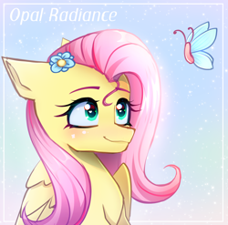 Size: 3000x2959 | Tagged: safe, artist:opal_radiance, fluttershy, butterfly, pegasus, pony, g4, blushing, bust, female, flower, flower in hair, folded wings, high res, looking at something, looking up, mare, smiling, solo, stray strand, three quarter view, wings