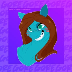 Size: 1000x1000 | Tagged: safe, artist:theglitchberserk, oc, oc only, pony, abstract background, bust, female, gills, mare, portrait, sharp teeth, smiling, solo, teeth