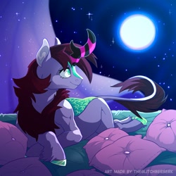 Size: 2000x2000 | Tagged: safe, artist:theglitchberserk, oc, oc only, kirin, crescent horn, female, full moon, lying down, moon, night, pillow, prone, smiling, solo, stars