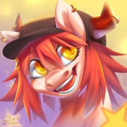 Size: 1000x1000 | Tagged: safe, artist:theglitchberserk, oc, oc only, pony, cap, ear piercing, earring, hat, horns, jewelry, piercing, slit pupils, solo