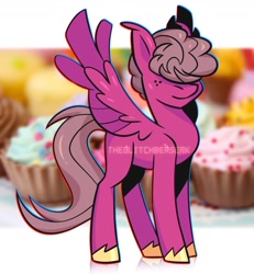 Size: 1200x1300 | Tagged: safe, artist:theglitchberserk, oc, oc only, pegasus, pony, cupcake, food, hair over eyes, male, solo, spread wings, stallion, unshorn fetlocks, wings