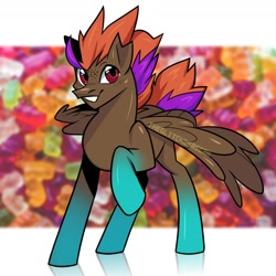 Size: 1300x1300 | Tagged: safe, artist:theglitchberserk, oc, oc only, pegasus, pony, food, gummy bears, male, solo, spread wings, stallion, wings