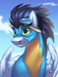 Size: 1200x1600 | Tagged: safe, artist:theglitchberserk, soarin', pegasus, pony, g4, clothes, goggles, goggles on head, male, outdoors, partially open wings, solo, stallion, uniform, wings, wonderbolts uniform