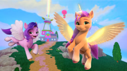 Size: 768x432 | Tagged: safe, pipp petals, sunny starscout, alicorn, earth pony, pegasus, pony, g5, my little pony: bridlewood rp, my little pony: make your mark, official, 3d, crystal brighthouse, duo, duo female, female, looking at you, mane stripe sunny, mare, nature, outdoors, race swap, roblox, sunnycorn, tree, wings