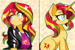 Size: 3840x2560 | Tagged: safe, artist:zeon_kanayu, sunset shimmer, human, pony, unicorn, equestria girls, g4, abstract background, duality, female, frown, high res, horn, mare, outline, sitting, smiling, solo