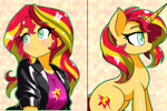 Size: 3840x2560 | Tagged: safe, artist:zeon_starlight, sunset shimmer, human, pony, unicorn, equestria girls, g4, abstract background, duality, female, frown, high res, horn, mare, outline, sitting, smiling, solo