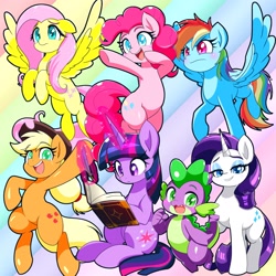 Size: 2048x2048 | Tagged: safe, artist:zeon_starlight, applejack, fluttershy, pinkie pie, rainbow dash, rarity, spike, twilight sparkle, dragon, earth pony, pegasus, pony, unicorn, g4, abstract background, belly, bipedal, book, cute, dashabetes, diapinkes, female, floppy ears, flustered, glowing, glowing horn, grin, horn, jackabetes, male, mane seven, mane six, mare, open mouth, open smile, quill, raribetes, round belly, shyabetes, sitting, smiling, spikabetes, spread wings, twiabetes, unicorn twilight, wavy mouth, wingless spike, wings, worried