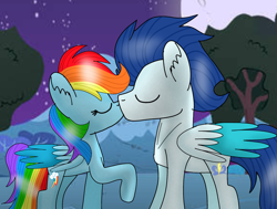 Size: 2335x1761 | Tagged: artist needed, source needed, safe, rainbow dash, soarin', pegasus, pony, g4, duo, duo male and female, eyes closed, female, kiss on the lips, kissing, male, mare, outdoors, ship:soarindash, shipping, stallion, straight, wings